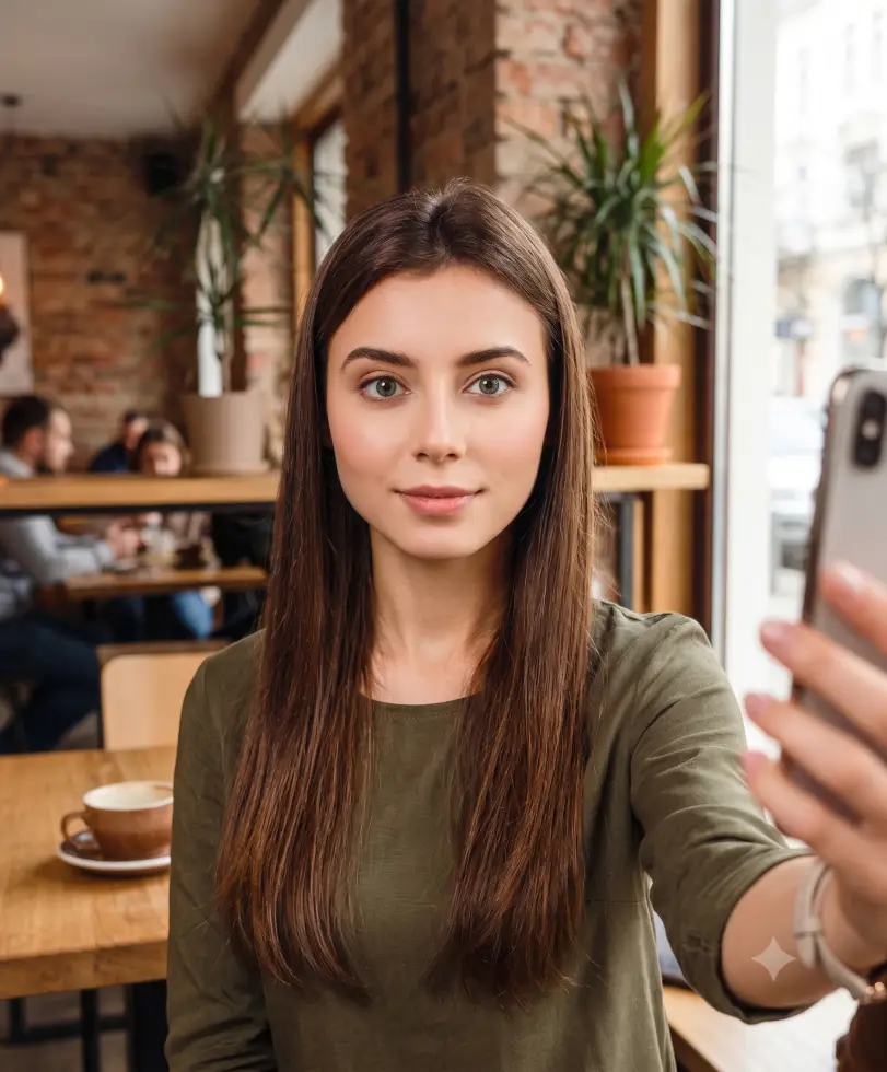 Selfie făcut pe telefon, într-o cafenea — punctul de plecare