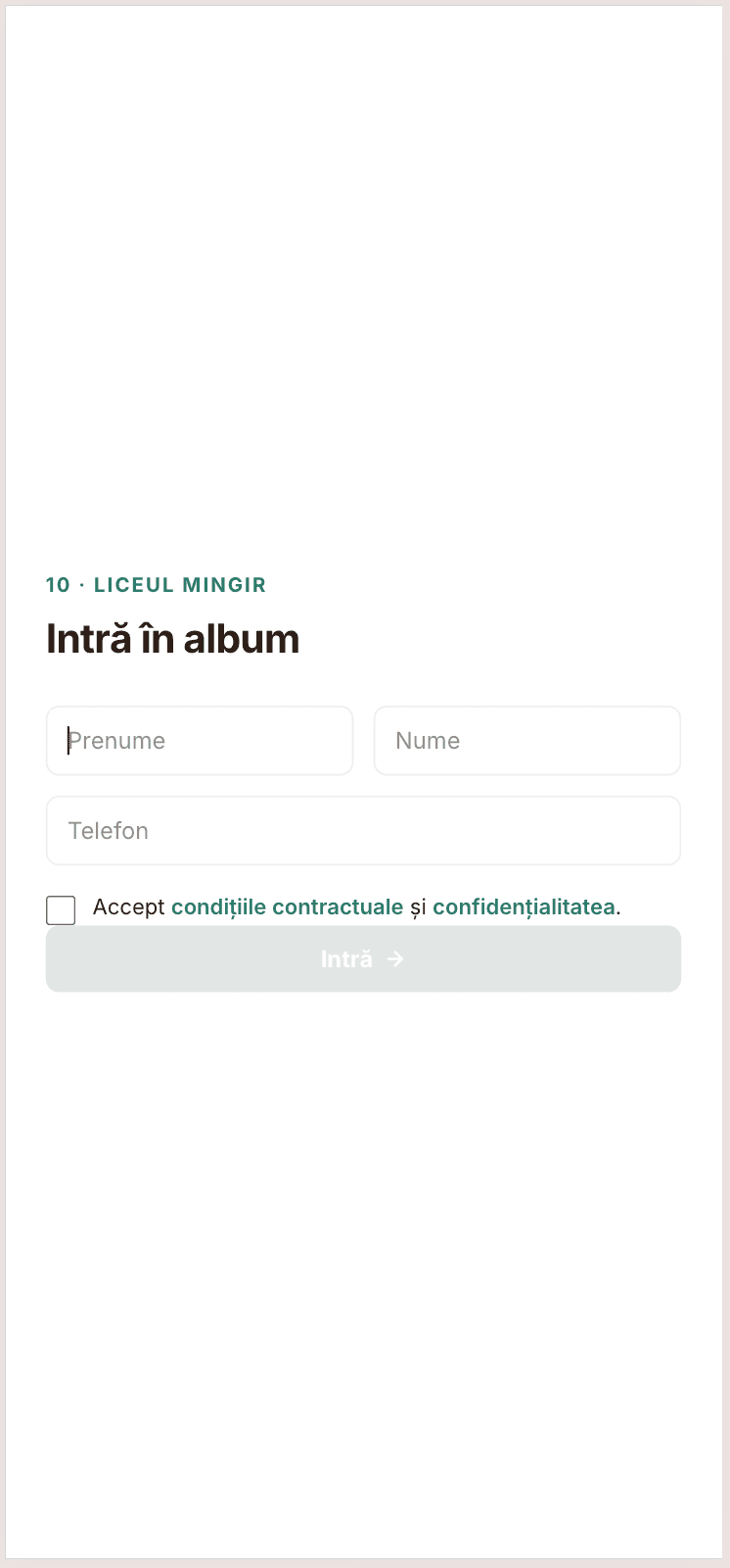 Ecran login LICEUL MINGIR cu formular Prenume/Nume/Telefon