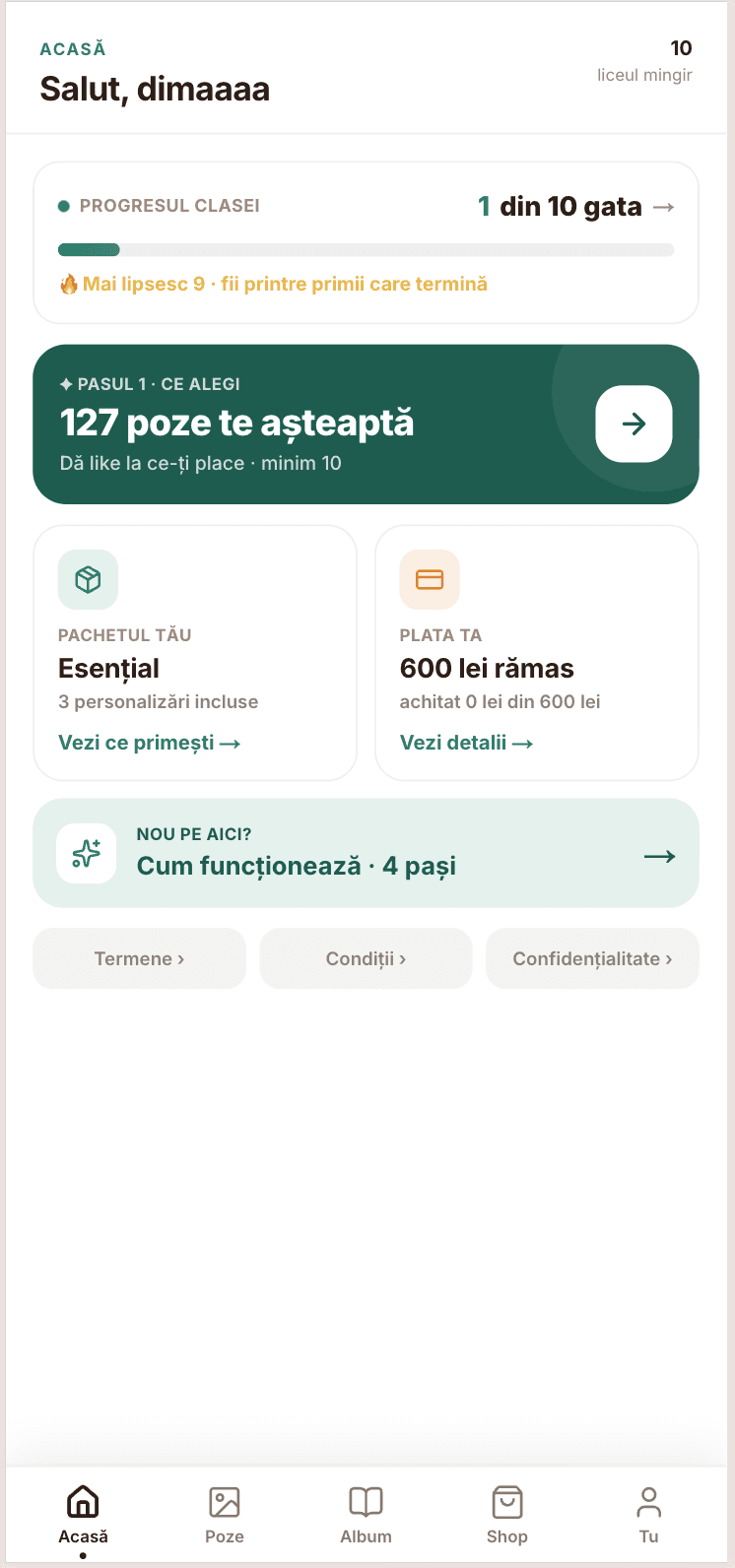 Dashboard cont elev: progresul clasei, pachetul, plata