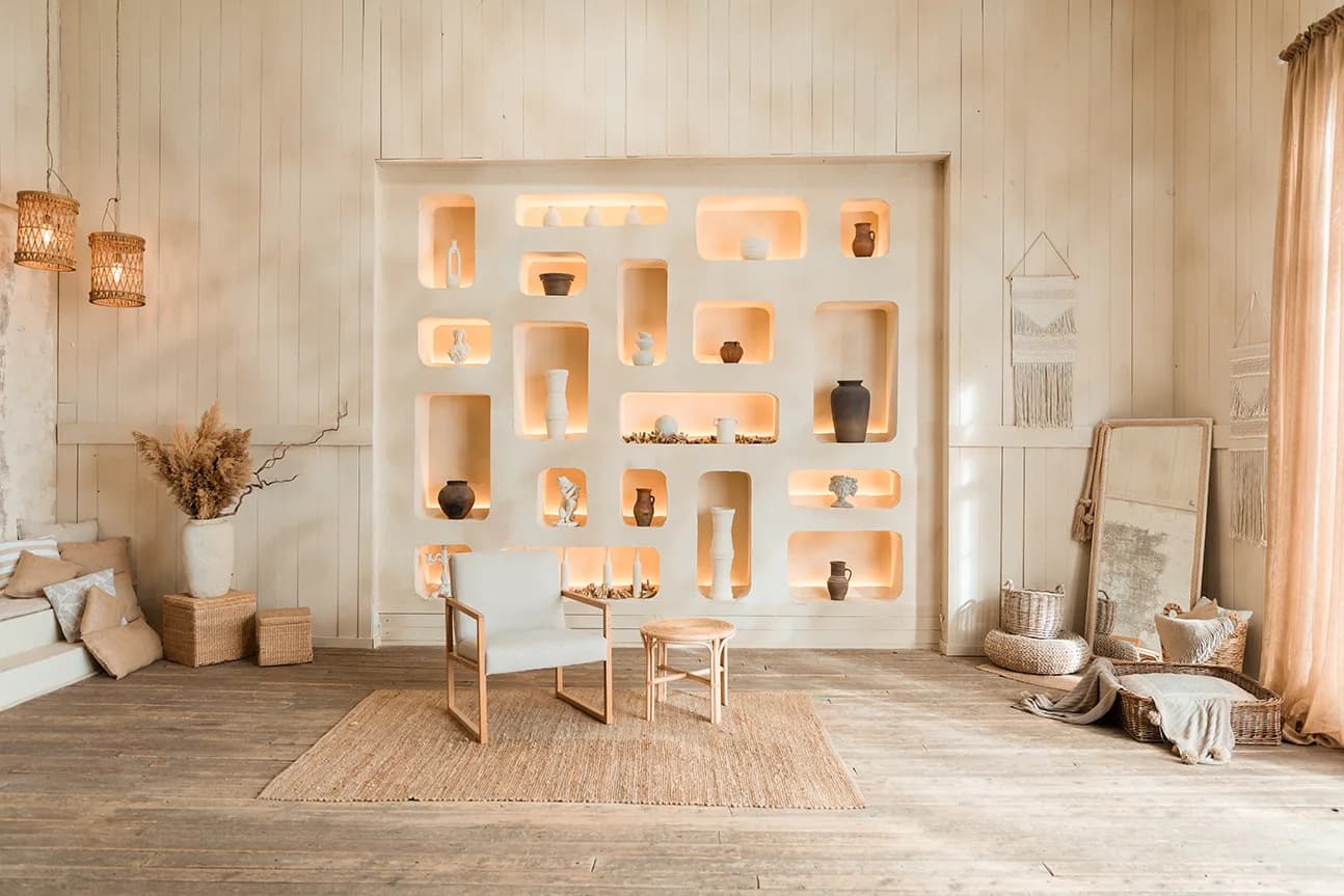 Sala Boho Artstage, cu decor crem, nișe luminate și mobilier din fibre naturale
