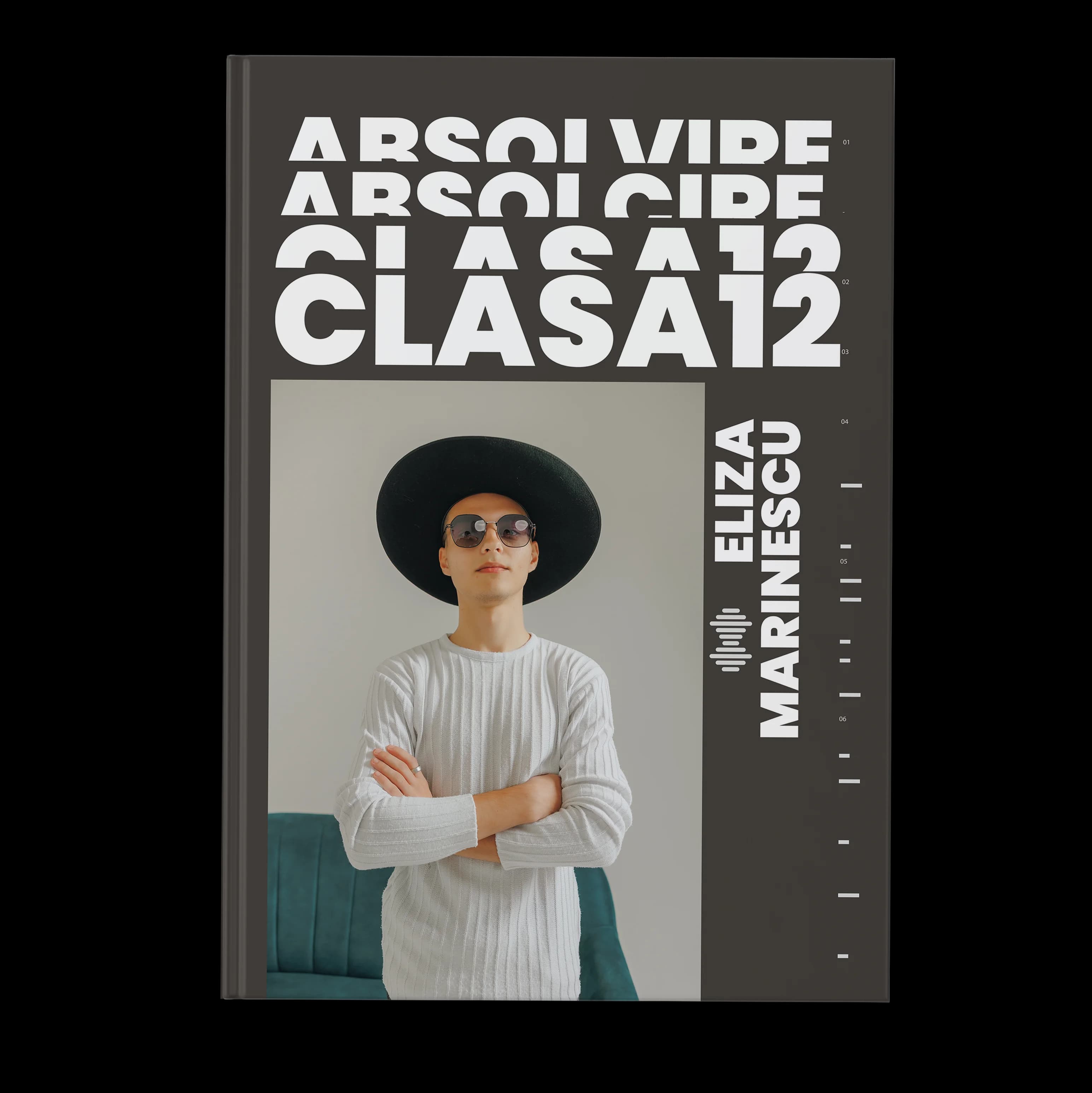 Coperta album absolvire — portret editorial cu pălărie pe fundal grafit